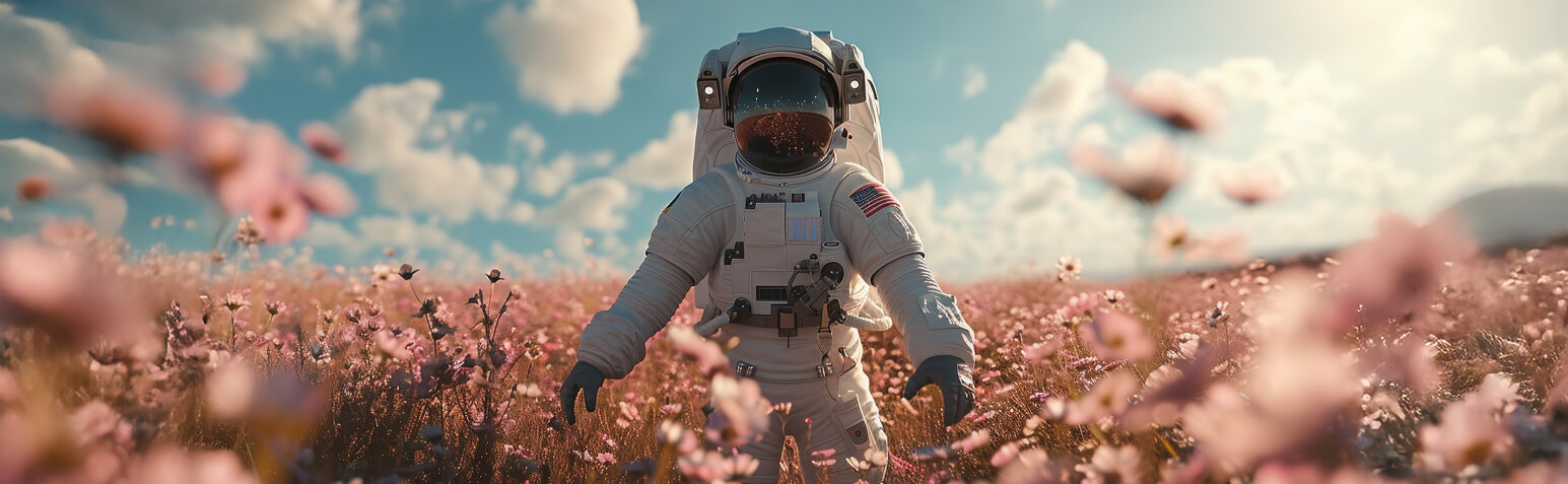 Astronaut in a field of flowers